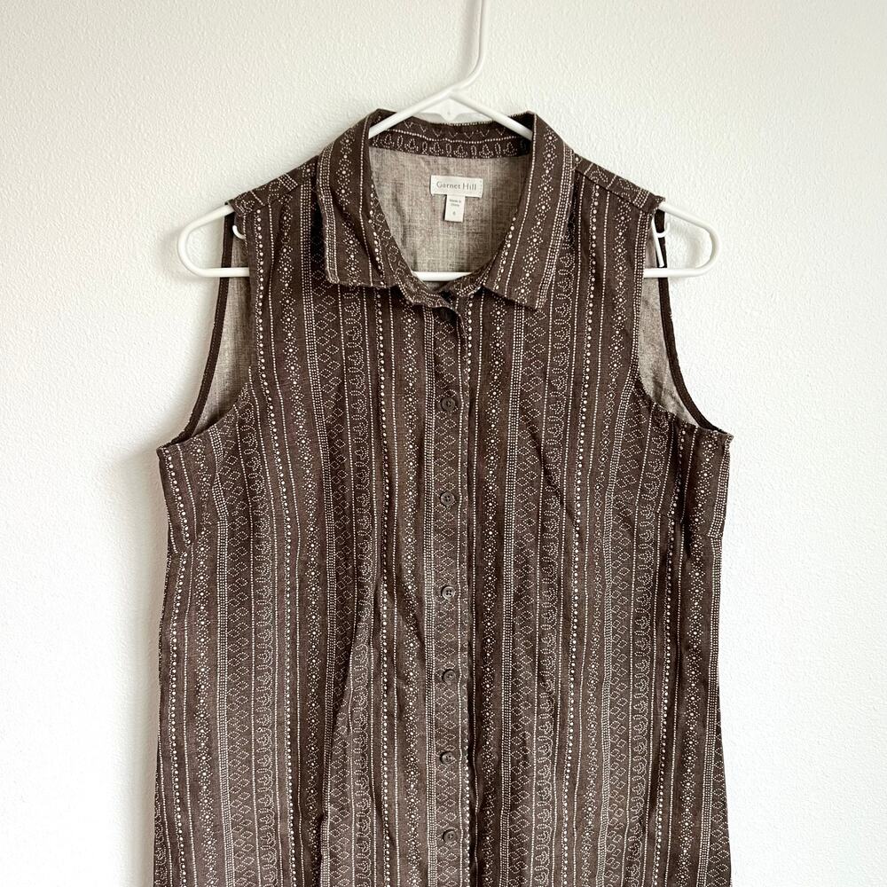 Garnet Hill Sleeveless 100% Linen Brown Patterned Button Dress Women’s 6 - Picture 4 of 9